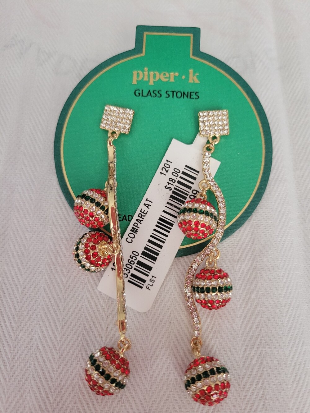 Piper Gold-Tone Drop Earrings with Red, Green & White Striped Glass Spheres